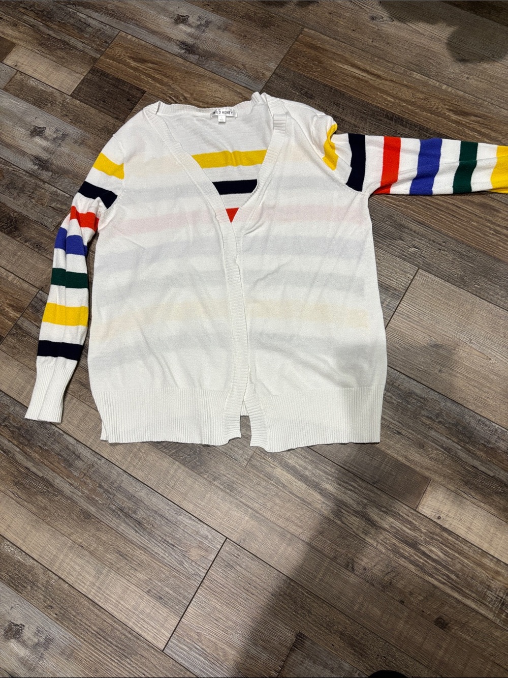 Wild Honey White V-Neck Cardigan with Rainbow Striped Sleeves